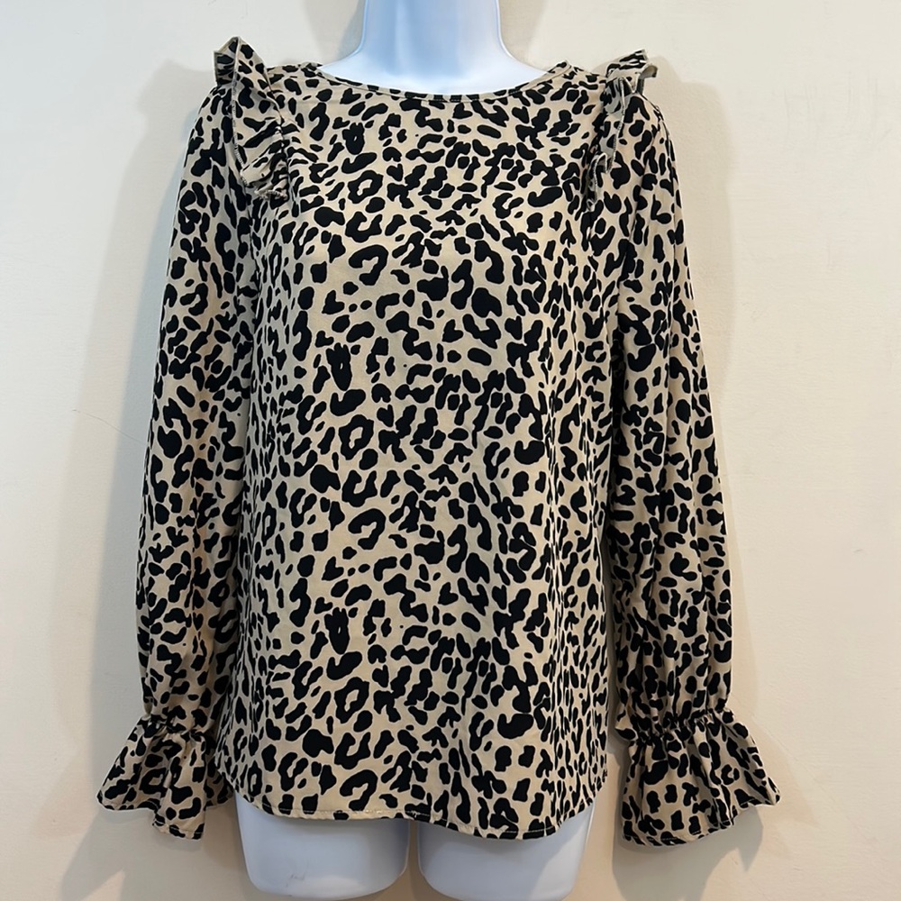 SHEIN Leopard Print Ruffled Cuff & Shoulder Shirt  Size L